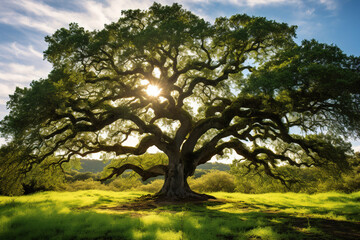 sun rays in old tree. Generative Ai