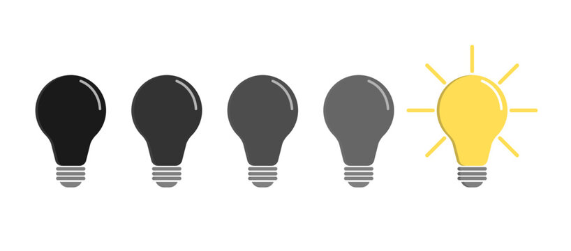 Shining light bulb business idea concept, a group of bulbs arranged from dark to bright.