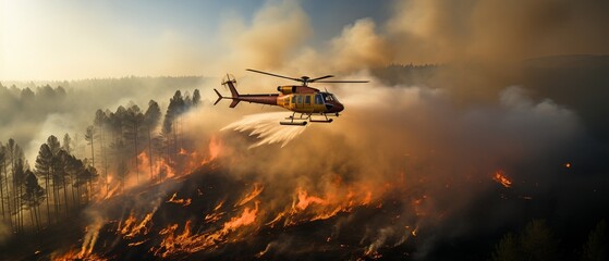 To put out a forest fire, a firefighting helicopter is equipped with a water bucket.. - obrazy, fototapety, plakaty