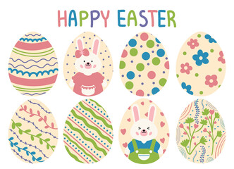 Painting of Easter bunnies and Easter eggs. Easter day with cute colorful bunnies and eggs.