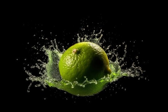 Lime in splashes. Falling of lime with water splash isolated on black background