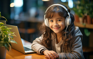 Asian girl with a smile on her face studying at home for a virtual course with a tutor via headphones .