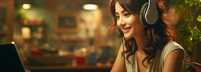 Asian girl with a smile on her face studying at home for a virtual course with a tutor via headphones . - obrazy, fototapety, plakaty