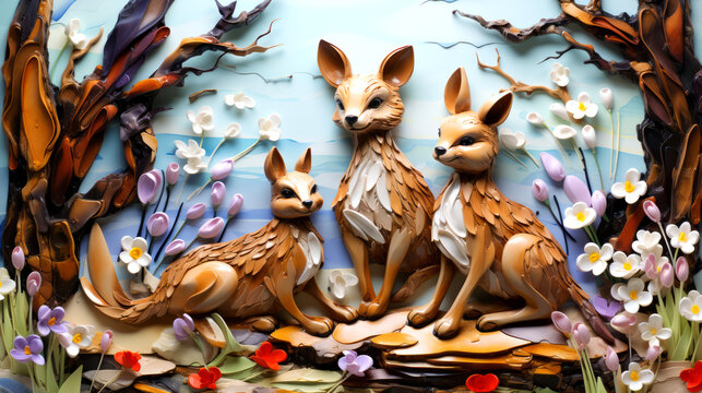 Wooden figures of foxes and flowers on a blue background.