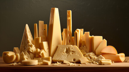 Cheese in the shape of a miniature city. Cheese urbanism. - obrazy, fototapety, plakaty