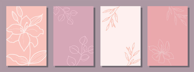 A minimal set of creative universal templates. Hand drawn leaves and flowers in Doodle style.