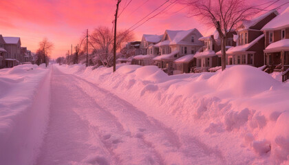 Winter's Blanket Unplowed Sidewalk Amidst a Snowy Sunset Wonderland