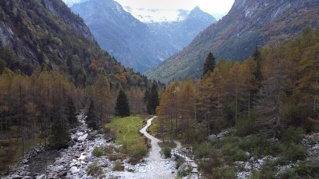 Drone on the forest and stones in Val di Mello, across the valley,  Italy