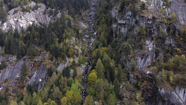 Drone on the forest in Val di Mello, Italy