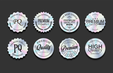 Hologram stickers or labels with holographic premium quality text vector illustration