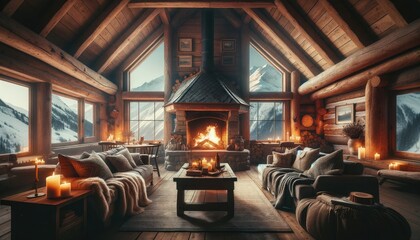 A cozy mountain cabin interior - obrazy, fototapety, plakaty