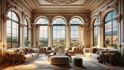 luxurious living room with classical architecture - obrazy, fototapety, plakaty