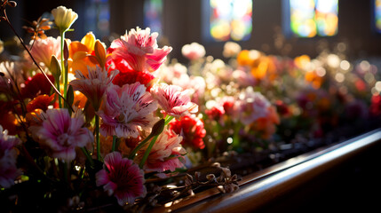 Colorful flowers in a church with shallow depth of field.
