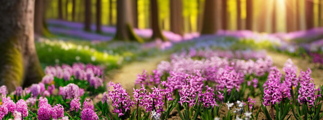 Beautiful natural spring landscape with a colorful field of hyacinth flowers against the backdrop...