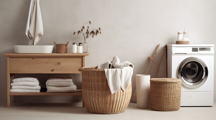 Stylish interior of modern restroom with wicker laundry basket