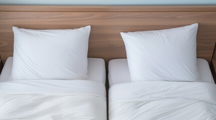 Close-up on minimalistic hotel bedding: clean white pillows, duvets, bedsheets neatly placed on a bed