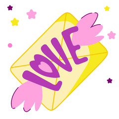 Happy Valentine's Day holiday banner. Love letter Vector illustration  envelope, angel neon wings, pink heart and confetti. Holiday composition for Valentine's Day. Festive card