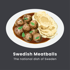 Swedish Meatballs with mashed potato. Hand drawn watercolor vector illustration