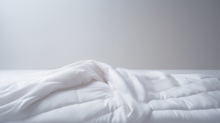 Close-up on minimalistic hotel bedding: clean white pillows, duvet blankets, bedsheets neatly placed on a bed linen