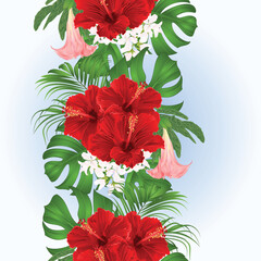 Tropical border seamless background bouquet with tropical flowers  floral arrangement, with beautiful red hibiscus, palm,philodendron and Brugmansia  vintage vector illustration  editable hand draw