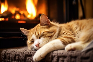 The cat sleeps near the fireplace in winter.
