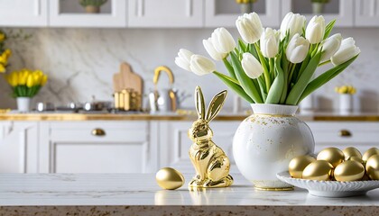 Złoty zajączek, białe tulipany w wazonie i koszyk pełen złotych pisanek na blacie kuchennym. W tle kuchnia. Wielkanocne tło z wolnymi miejscem