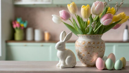 Porcelanowy zajączek, kolorowe tulipany w wazonie i pisanki na blacie kuchennym. W tle kuchnia....