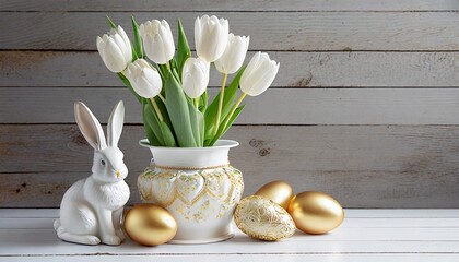 Białe tulipany w wazonie, złote pisanki i biała figurka zajączka wiekanocnego na tle białych desek. Wielkanocne tło z miejscem na tekst