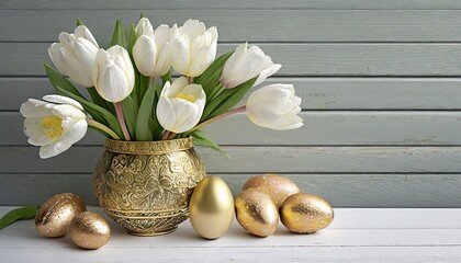 Fototapeta premium Białe tulipany w złotym wazonie i złote pisanki na białych deskach. Wielkanocne tło z miejscem na tekst