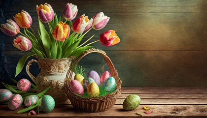 Kolorowe tło wielkanocne na brązowych deskach z pisankami w koszyku i tulipanami w wazonie na