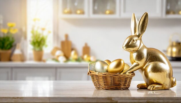 Złoty zajączek i koszyk pełen złotych pisanek na blacie kuchennym. W tle kuchnia. Wielkanocne tło z wolnymi miejscem