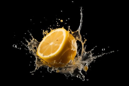 Lemon exploded and splashes. Falling of lemon with water splash isolated on black background