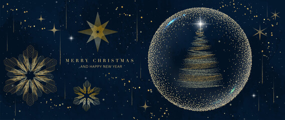 Luxury christmas and happy new year concept background vector. Elegant glittering gold christmas tree decorated with snowflake on dark blue background. Design for wallpaper, card, cover, poster.