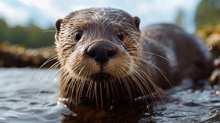 In its natural element, an otter gracefully navigates the water, its brown fur glistening as it curiously gazes at the camera.