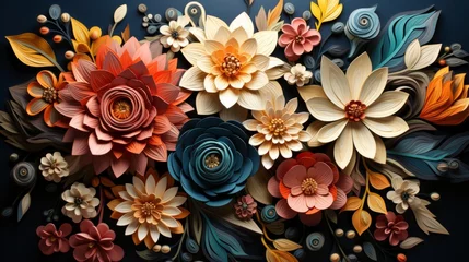 Fotobehang Decorative various flowers on a dark background in 3D art style. Floral pattern with dominance of orange and blue colors. © Vladimir