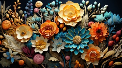 Decorative various flowers on a dark background in 3D art style. Floral pattern with dominance of orange and blue colors.