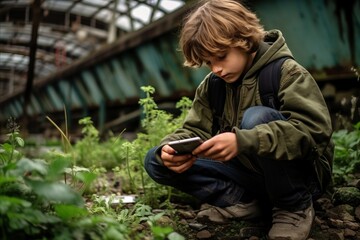 A boy in a green jacket sitting on the ground and using a smartphone. - obrazy, fototapety, plakaty