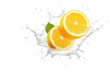 Lemon exploded and splashes. Falling of lemon with water splash isolated on white background - obrazy, fototapety, plakaty