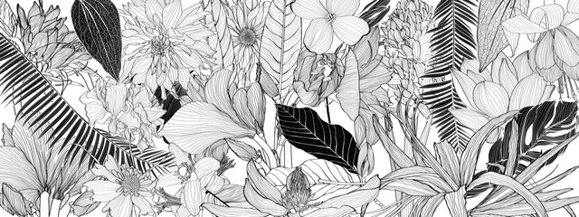 Pattern background with Solomon's seal (Polygonatum multiflorum), palms, flowers,  monstera leaf drawing illustration. Exotic tropical line illustration. - obrazy, fototapety, plakaty