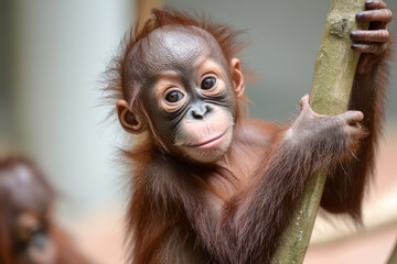 A cute little monkey climbing a tree trunk