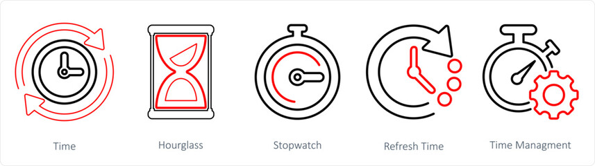 A set of 5 Mix icons as time, hourglass, stopwatch