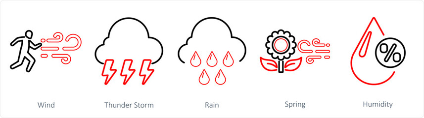 A set of 5 Mix icons as wind, thunderstorm, rain - obrazy, fototapety, plakaty