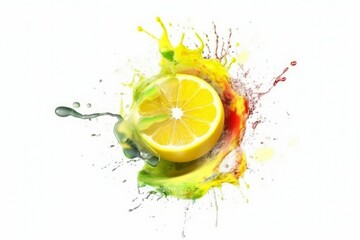 Lemon exploded with colorful paint and splashes. Falling of lemon with water splash isolated on white background