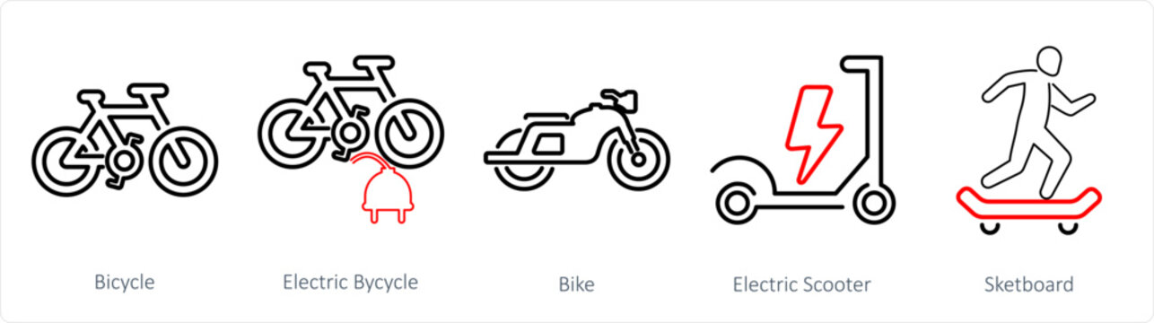 A set of 5 Mix icons as bicycle, electric bicycle, bik