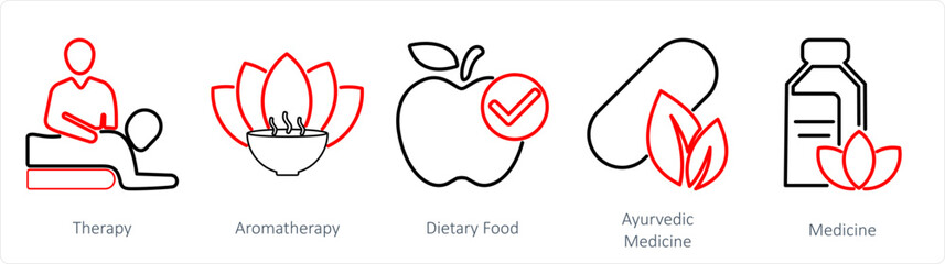 A set of 5 Mix icons as therapy, aromatherapy, dietary food