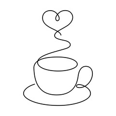 coffee cup and heart shape steam thin line illustration continuous drawing