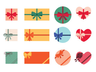 Collection of various shapes gift boxes with bows, top view. Modern flat vector illustration
