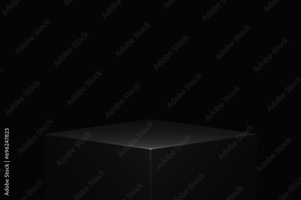 Poster Black product background empty cube podium stage 3d object with abstract light minimal pedestal presentation platform display or modern dark space geometric studio show stand scene luxury showcase.