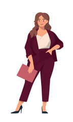 Girl in a business suit. Woman office worker. Teacher, manager, leader. The image of a person. Flat. Vector illustration.