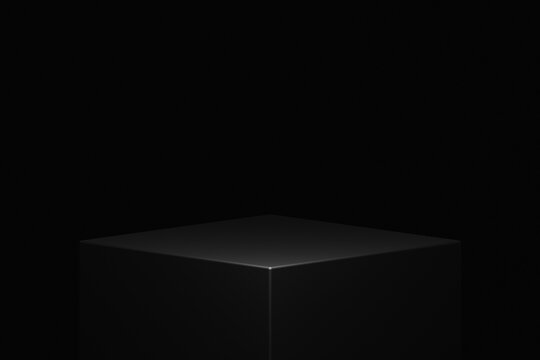 Black product background empty cube podium stage 3d object with abstract light minimal pedestal presentation platform display or modern dark space geometric studio show stand scene luxury showcase.